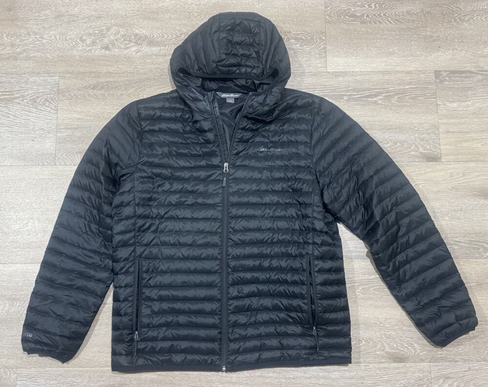 Eddie Bauer Men's L Black Goose Down Puffer Hooded Jacket Zip Down Fill EB700